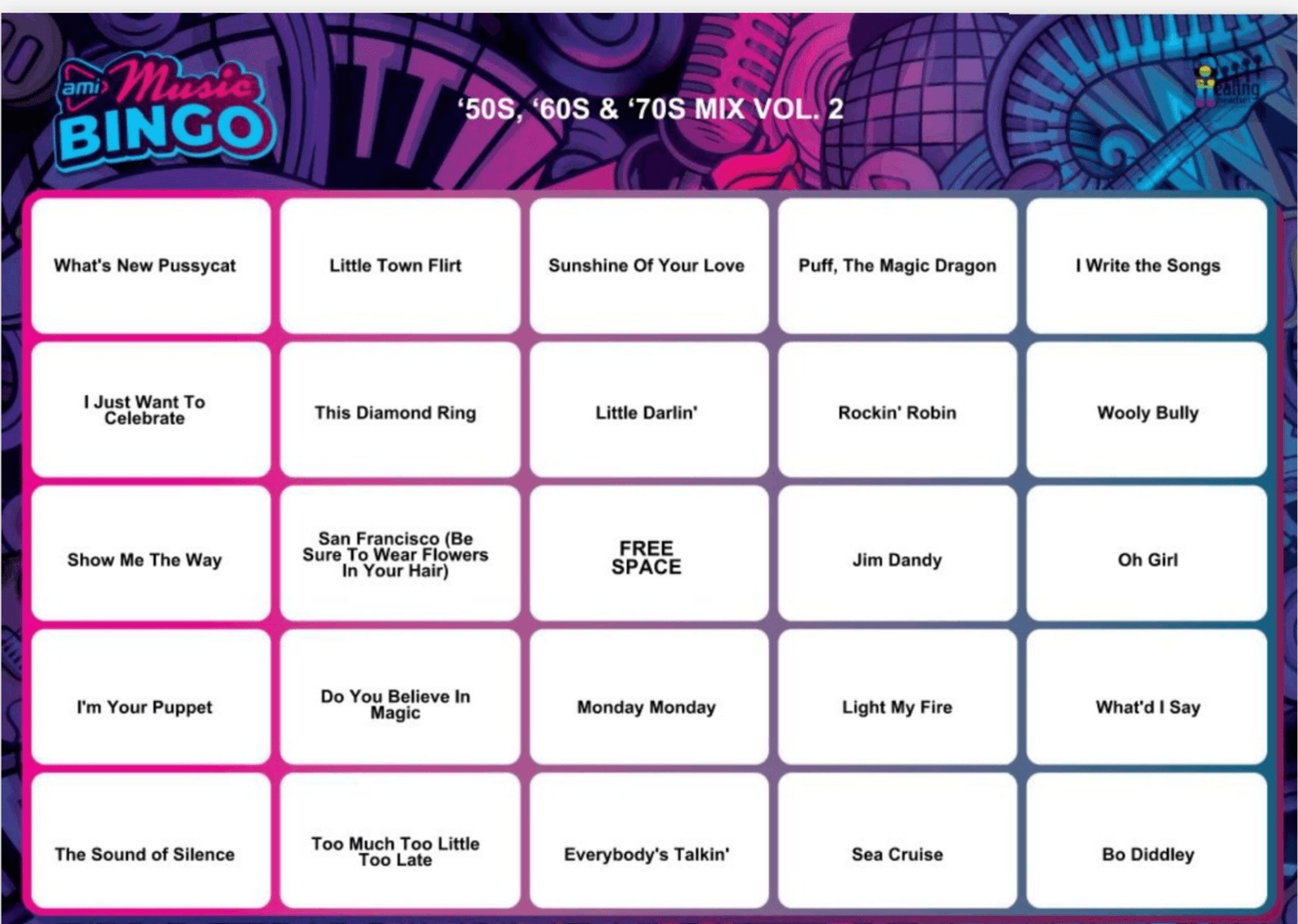 Example Interactive Music Bingo card — '50s, '60s & '70s Mix Vol. 2